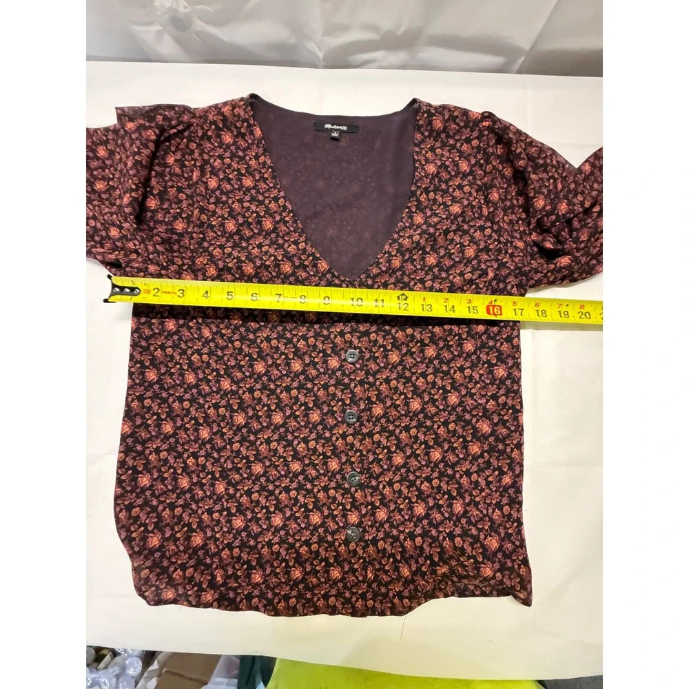 Madewell Floral V-Neck‎ Button Front Blouse Smocked Cuff Plum Orange Size 2